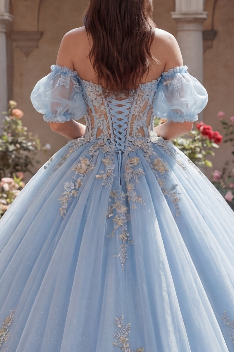 Load image into Gallery viewer, Long Puff Sleeves Sky Blue Floral Glitter Corset Princess Quinceanera Dress
