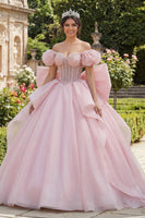Load image into Gallery viewer, Pink Floral Long Corset Puff Sleeves Ruffled Princess Quinceanera Dress with Pearls
