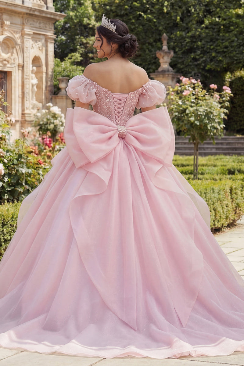 Load image into Gallery viewer, Pink Floral Long Corset Puff Sleeves Ruffled Princess Quinceanera Dress with Pearls