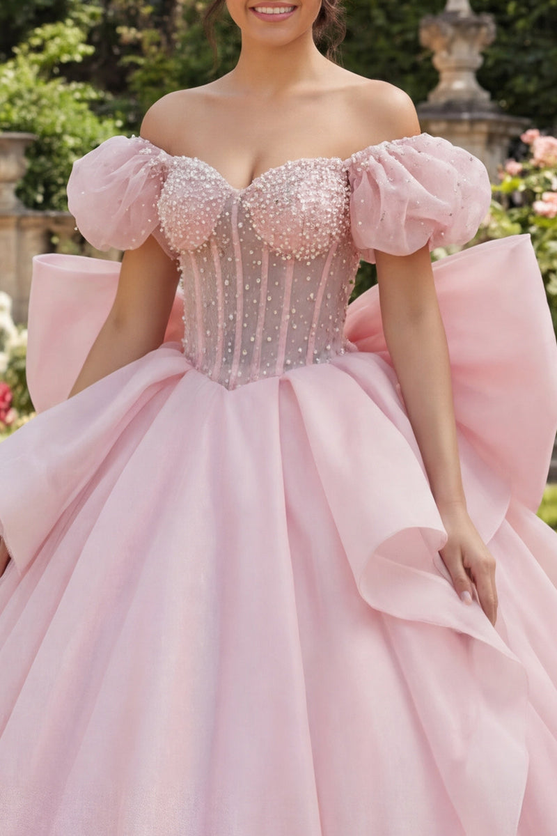 Load image into Gallery viewer, Pink Floral Long Corset Puff Sleeves Ruffled Princess Quinceanera Dress with Pearls