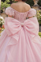 Load image into Gallery viewer, Pink Floral Long Corset Puff Sleeves Ruffled Princess Quinceanera Dress with Pearls