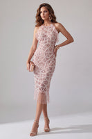 Load image into Gallery viewer, Sparkly Blush Bodycon Ruffled Beaded Short Halter Birthday Party Dress with Fringes