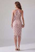 Load image into Gallery viewer, Sparkly Blush Bodycon Ruffled Beaded Short Halter Birthday Party Dress with Fringes