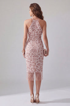 Sparkly Blush Bodycon Ruffled Beaded Short Halter Birthday Party Dress with Fringes