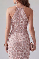 Load image into Gallery viewer, Sparkly Blush Bodycon Ruffled Beaded Short Halter Birthday Party Dress with Fringes