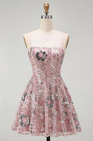Load image into Gallery viewer, Sparkly Blush A Line Floral Spaghetti Straps Beaded Short Birthday Party Dress