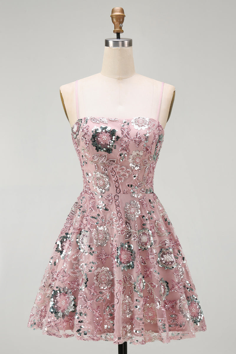Load image into Gallery viewer, Sparkly Blush A Line Floral Spaghetti Straps Beaded Short Birthday Party Dress