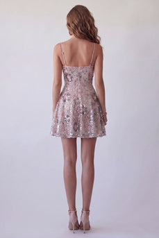Sparkly Blush A Line Floral Spaghetti Straps Beaded Short Birthday Party Dress