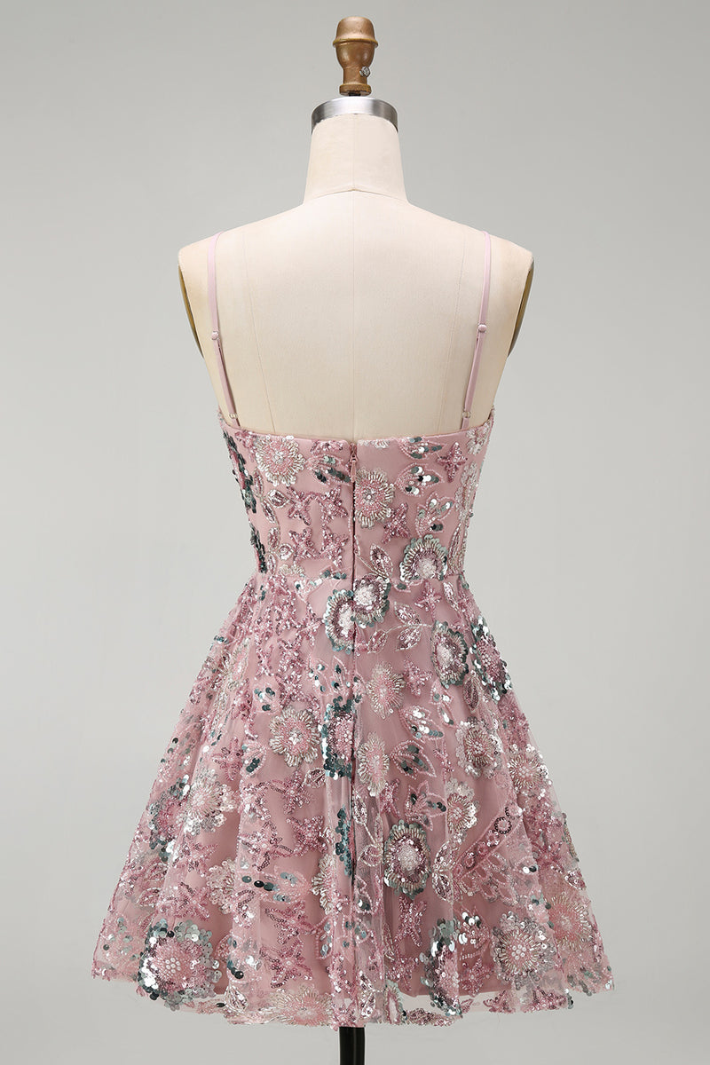 Load image into Gallery viewer, Sparkly Blush A Line Floral Spaghetti Straps Beaded Short Birthday Party Dress