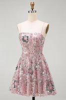 Load image into Gallery viewer, Sparkly Blush A Line Floral Spaghetti Straps Beaded Short Birthday Party Dress
