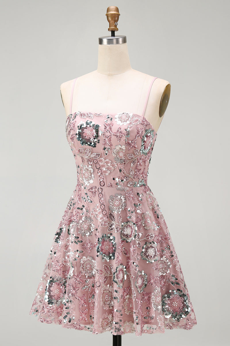 Load image into Gallery viewer, Sparkly Blush A Line Floral Spaghetti Straps Beaded Short Birthday Party Dress