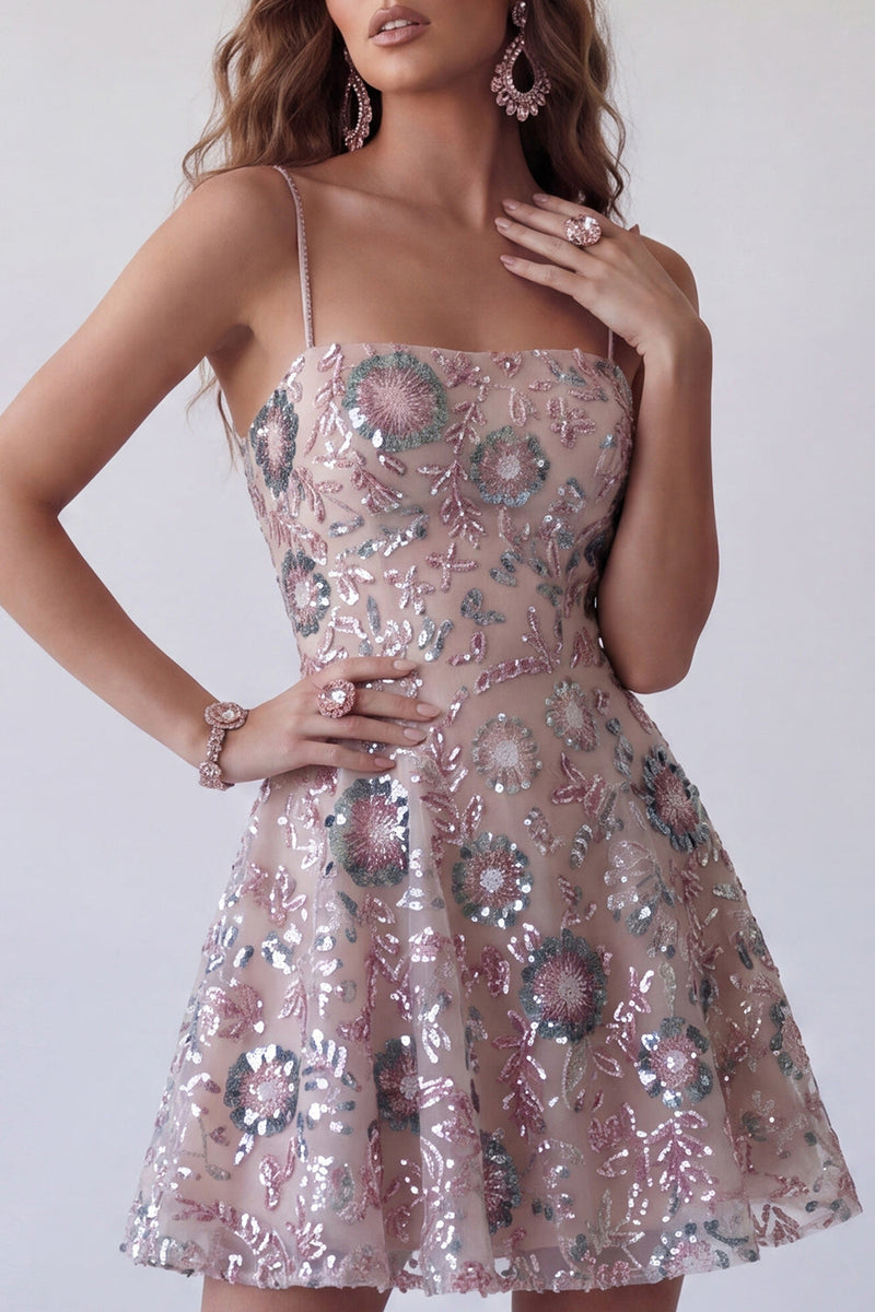 Load image into Gallery viewer, Sparkly Blush A Line Floral Spaghetti Straps Beaded Short Birthday Party Dress