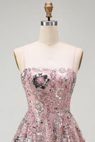 Load image into Gallery viewer, Sparkly Blush A Line Floral Spaghetti Straps Beaded Short Birthday Party Dress