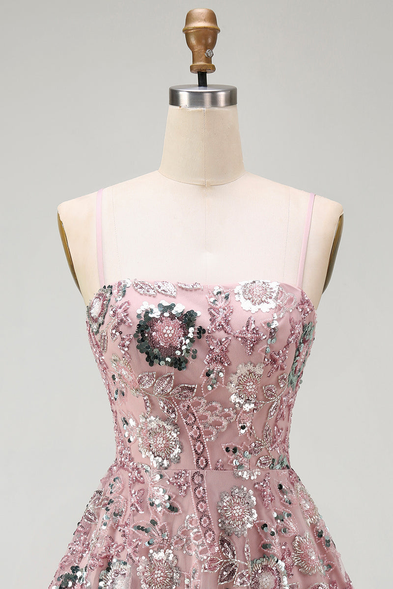 Load image into Gallery viewer, Sparkly Blush A Line Floral Spaghetti Straps Beaded Short Birthday Party Dress
