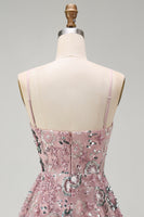 Load image into Gallery viewer, Sparkly Blush A Line Floral Spaghetti Straps Beaded Short Birthday Party Dress