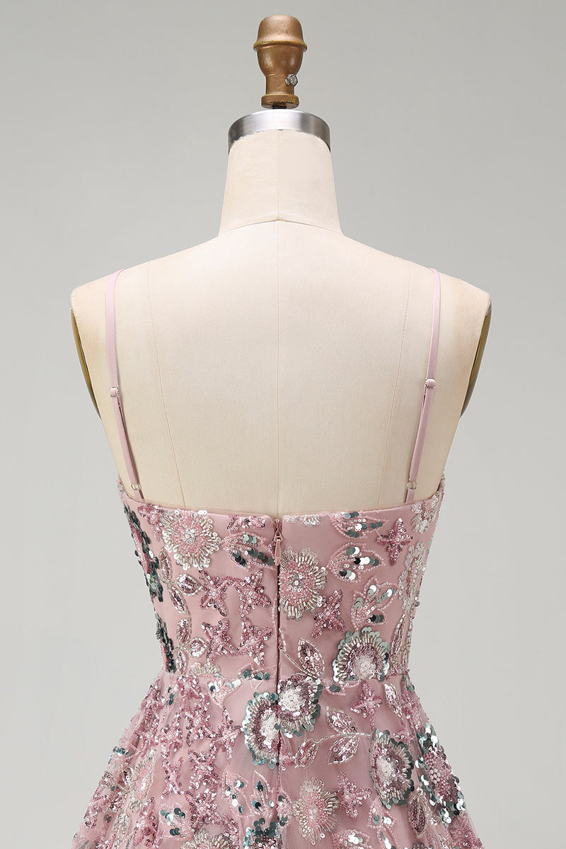 Load image into Gallery viewer, Sparkly Blush A Line Floral Spaghetti Straps Beaded Short Birthday Party Dress