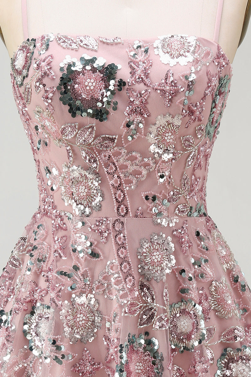 Load image into Gallery viewer, Sparkly Blush A Line Floral Spaghetti Straps Beaded Short Birthday Party Dress