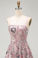Load image into Gallery viewer, Sparkly Blush A Line Floral Spaghetti Straps Beaded Short Birthday Party Dress