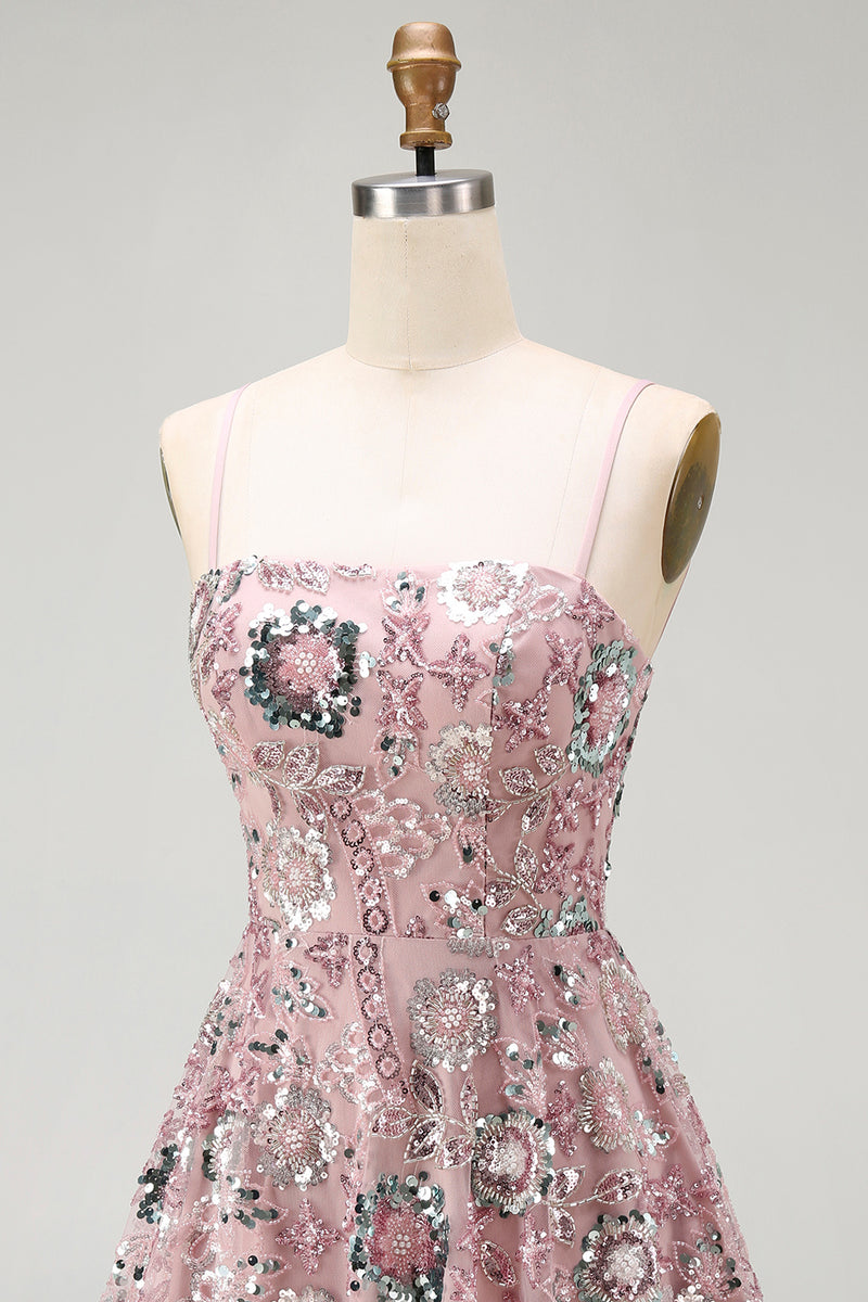 Load image into Gallery viewer, Sparkly Blush A Line Floral Spaghetti Straps Beaded Short Birthday Party Dress