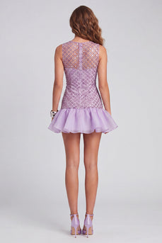 Sparkly Beaded Lilac Round Neck Short Birthday Party Dress with Ruffles