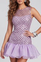 Load image into Gallery viewer, Sparkly Beaded Lilac Round Neck Short Birthday Party Dress with Ruffles