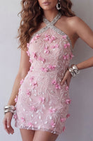 Load image into Gallery viewer, Pink Sparkly Halter Floral Beaded Tight Short Open Back Birthday Party Dress