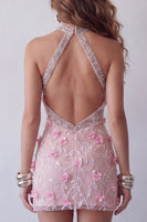 Load image into Gallery viewer, Pink Sparkly Halter Floral Beaded Tight Short Open Back Birthday Party Dress