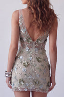 Load image into Gallery viewer, Sparkly Dusty Sage V-Neck Floral Tight Beaded Short Corset Birthday Party Dress