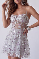 Load image into Gallery viewer, Sparkly Silver Corset A Line Floral Spaghetti Straps Beaded Short Birthday Party Dress