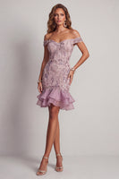 Load image into Gallery viewer, Off the Shoulder Sparkly Beaded Lilac Short Birthday Party Dress with Ruffles