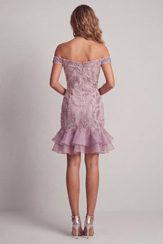 Off the Shoulder Sparkly Beaded Lilac Short Birthday Party Dress with Ruffles