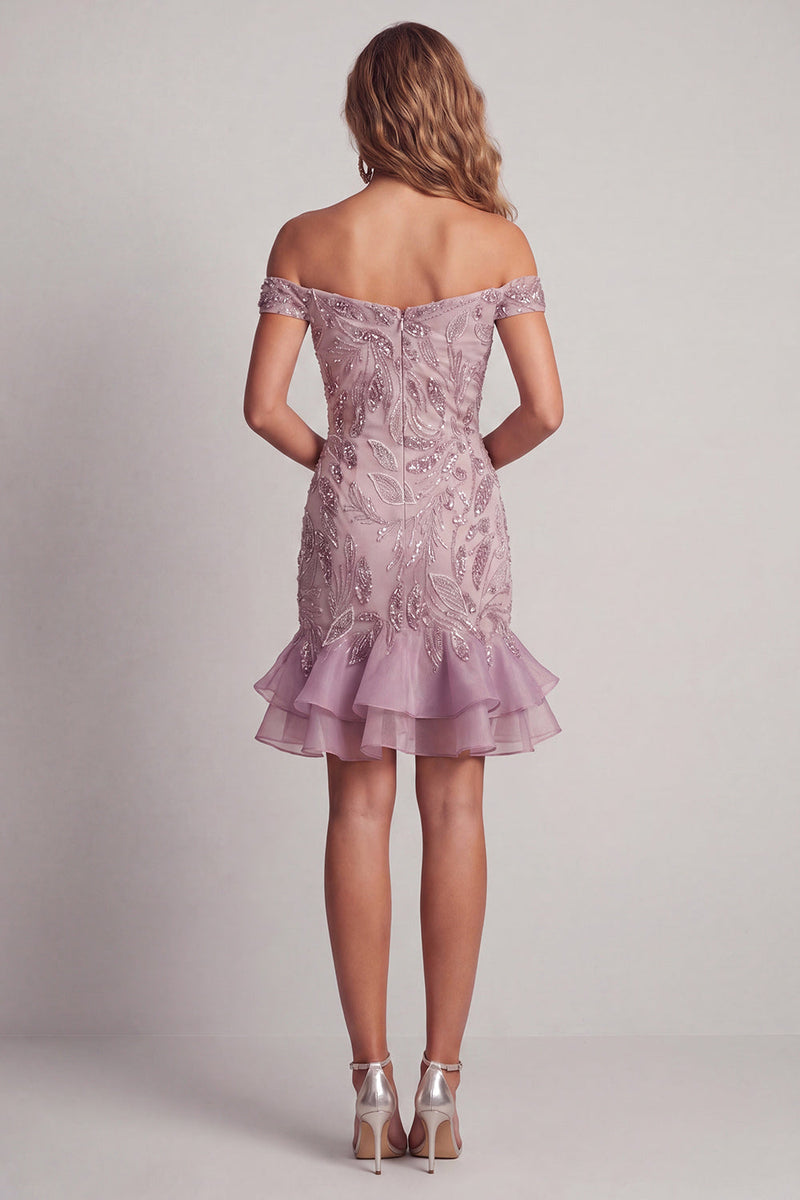 Load image into Gallery viewer, Off the Shoulder Sparkly Beaded Lilac Short Birthday Party Dress with Ruffles