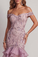 Load image into Gallery viewer, Off the Shoulder Sparkly Beaded Lilac Short Birthday Party Dress with Ruffles