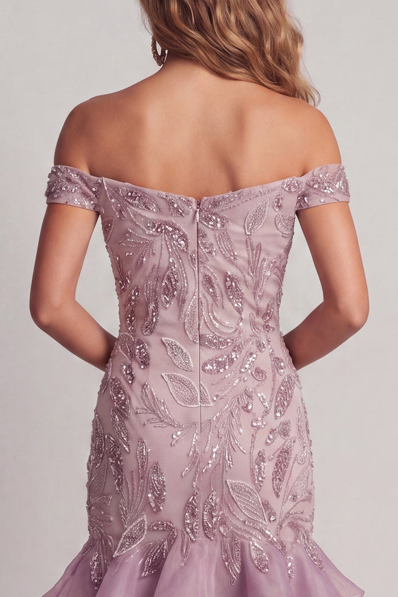 Load image into Gallery viewer, Off the Shoulder Sparkly Beaded Lilac Short Birthday Party Dress with Ruffles