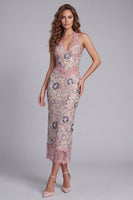 Load image into Gallery viewer, Sparkly Blush Beaded Sheath Maxi Halter Floral Birthday Party Dress with Lace