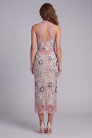 Load image into Gallery viewer, Sparkly Blush Beaded Sheath Maxi Halter Floral Birthday Party Dress with Lace