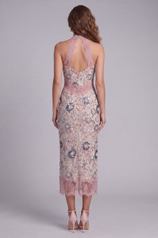 Sparkly Blush Beaded Sheath Maxi Halter Floral Birthday Party Dress with Lace