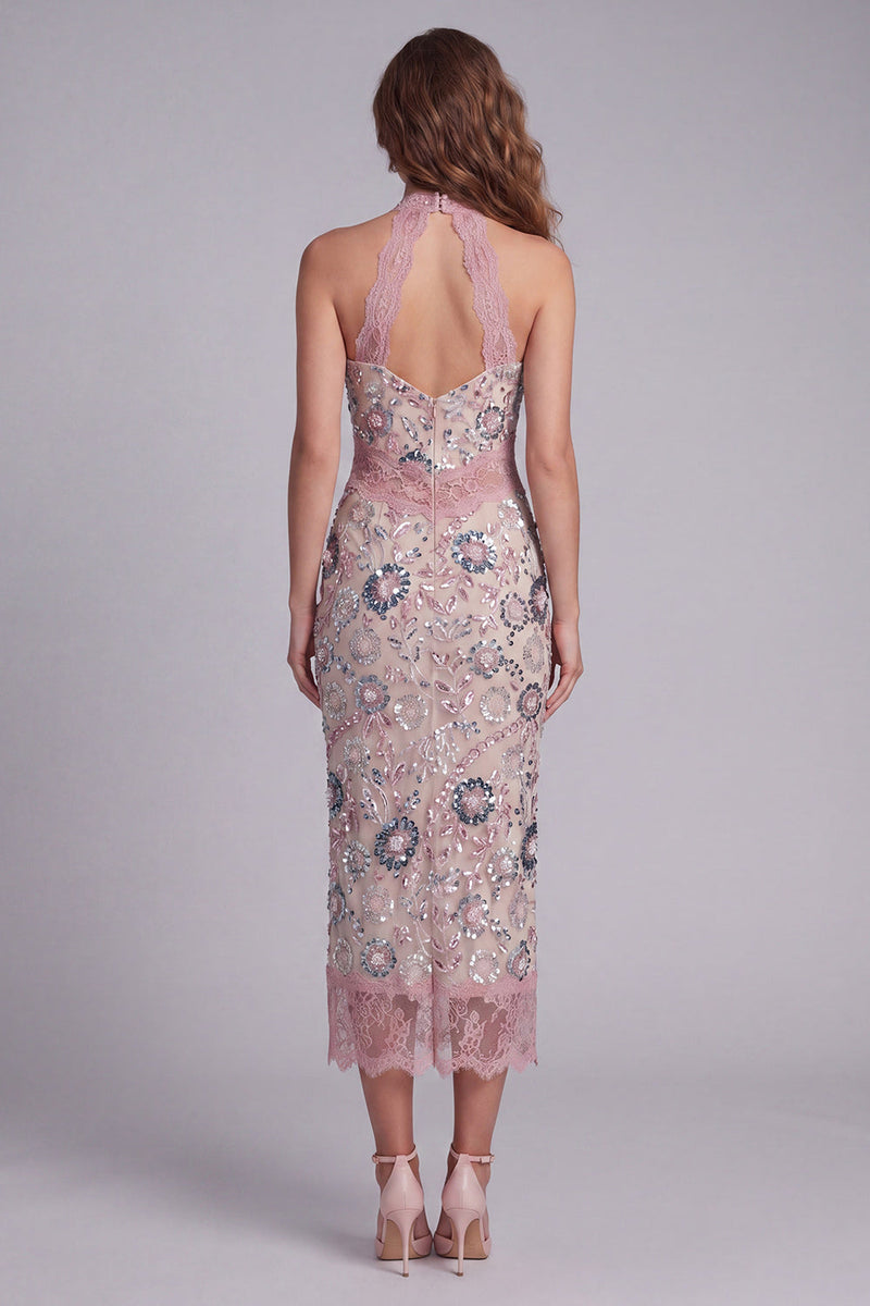 Load image into Gallery viewer, Sparkly Blush Beaded Sheath Maxi Halter Floral Birthday Party Dress with Lace