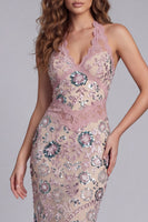 Load image into Gallery viewer, Sparkly Blush Beaded Sheath Maxi Halter Floral Birthday Party Dress with Lace