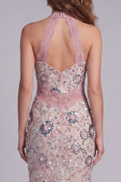 Load image into Gallery viewer, Sparkly Blush Beaded Sheath Maxi Halter Floral Birthday Party Dress with Lace