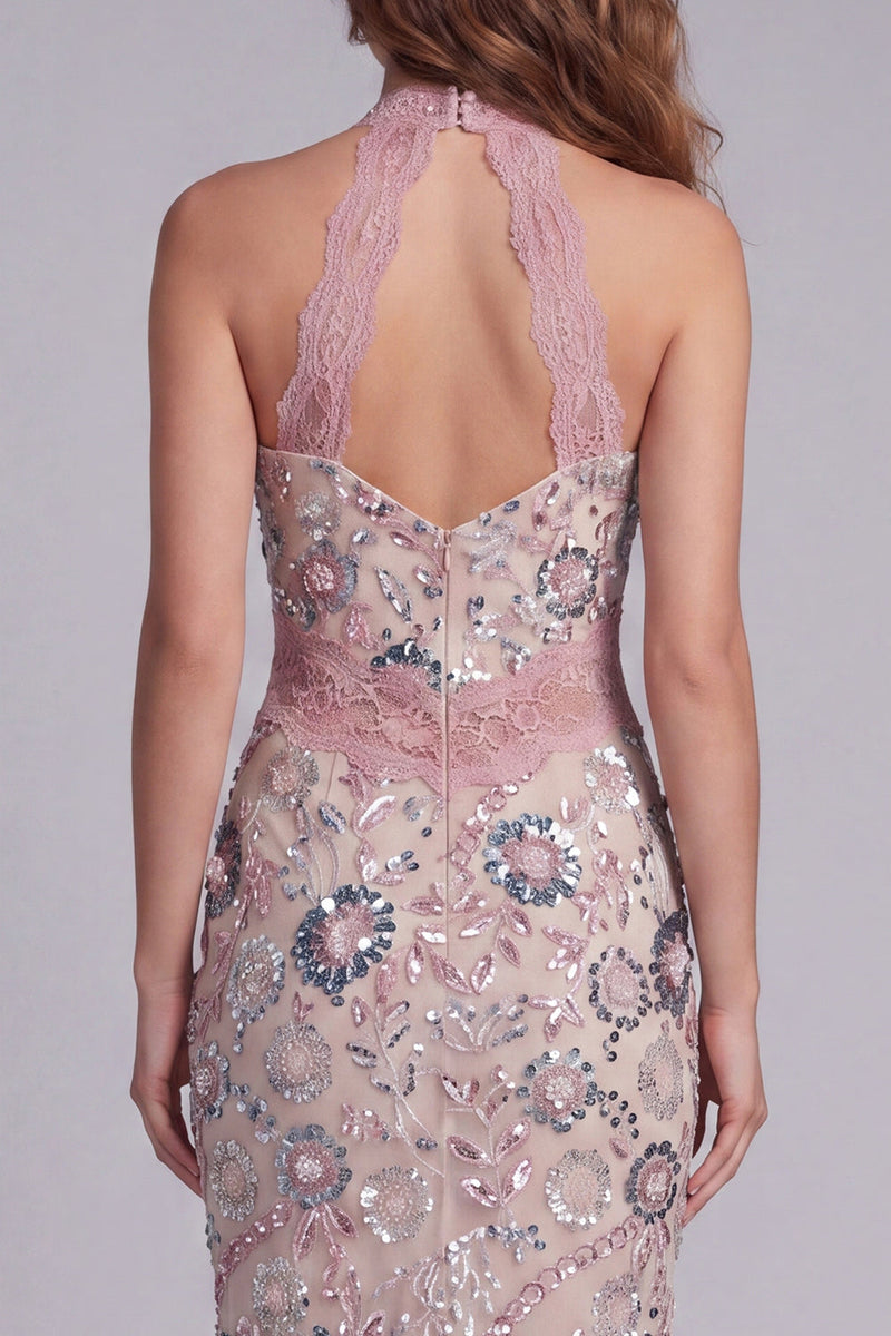Load image into Gallery viewer, Sparkly Blush Beaded Sheath Maxi Halter Floral Birthday Party Dress with Lace
