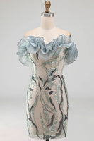 Load image into Gallery viewer, Sparkly Dusty Blue Strapless Beaded Tight Short Birthday Party Dress with Ruffles