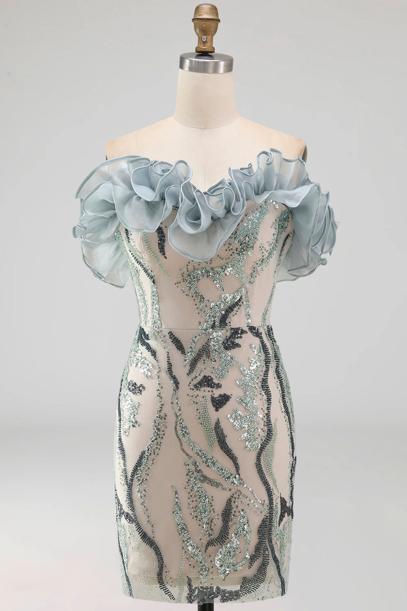 Load image into Gallery viewer, Sparkly Dusty Blue Strapless Beaded Tight Short Birthday Party Dress with Ruffles
