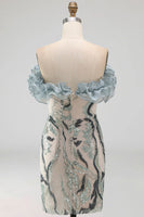 Load image into Gallery viewer, Sparkly Dusty Blue Strapless Beaded Tight Short Birthday Party Dress with Ruffles