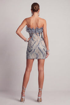 Sparkly Dusty Blue Strapless Beaded Tight Short Birthday Party Dress with Ruffles