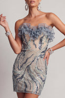 Load image into Gallery viewer, Sparkly Dusty Blue Strapless Beaded Tight Short Birthday Party Dress with Ruffles