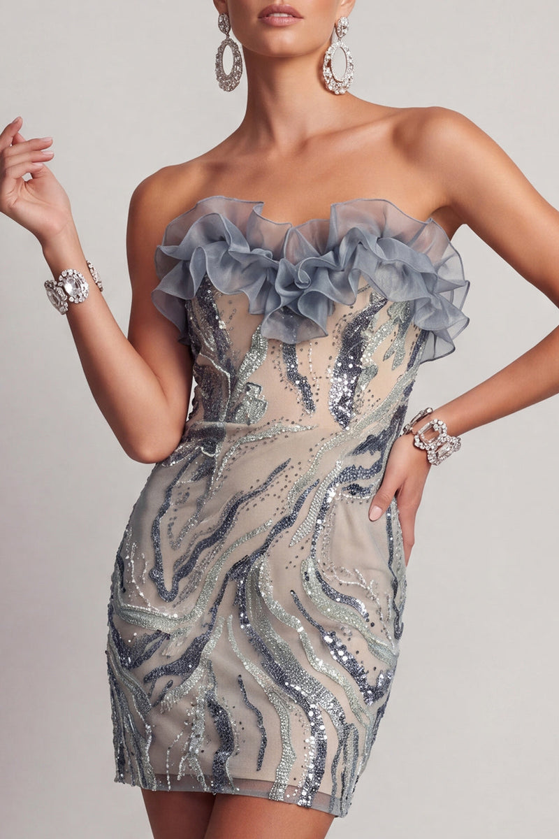 Load image into Gallery viewer, Sparkly Dusty Blue Strapless Beaded Tight Short Birthday Party Dress with Ruffles
