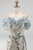 Load image into Gallery viewer, Sparkly Dusty Blue Strapless Beaded Tight Short Birthday Party Dress with Ruffles
