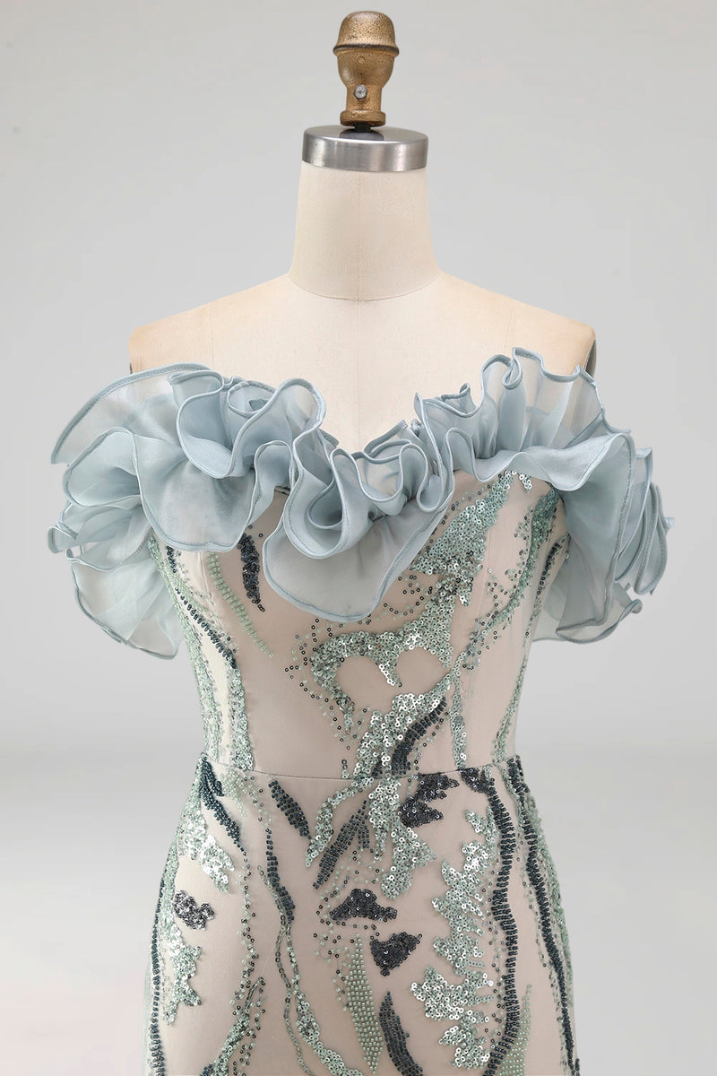 Load image into Gallery viewer, Sparkly Dusty Blue Strapless Beaded Tight Short Birthday Party Dress with Ruffles