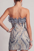 Load image into Gallery viewer, Sparkly Dusty Blue Strapless Beaded Tight Short Birthday Party Dress with Ruffles